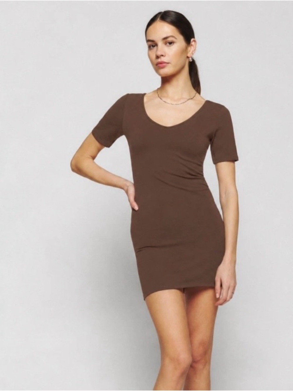 Reformation Aubriella Cafe Brown Knit Short Sleeve Dress